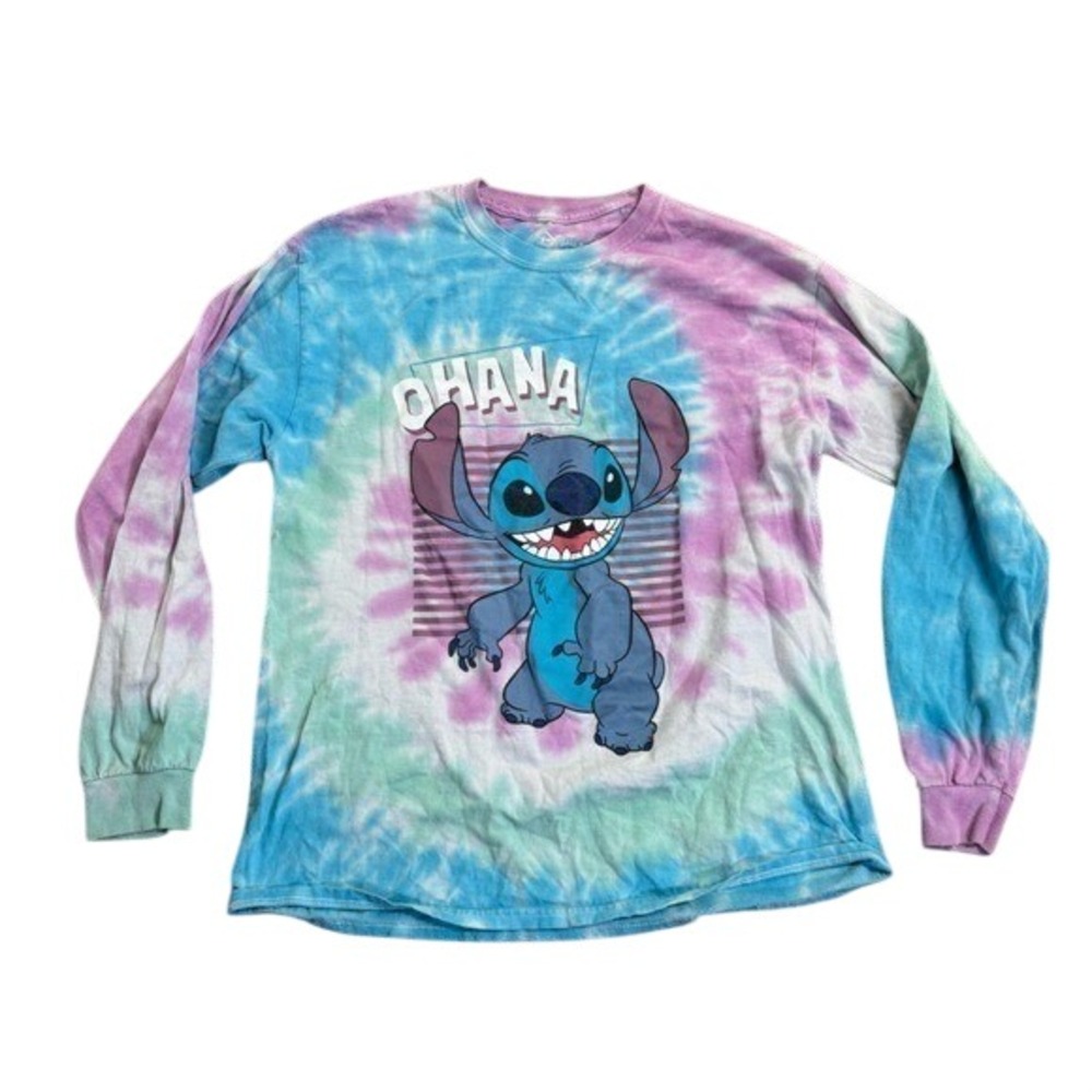 Disney Stitch Ohana Blue Tie-Dye Long Sleeve T- Shirt S/L Cartoon Retro Y1k